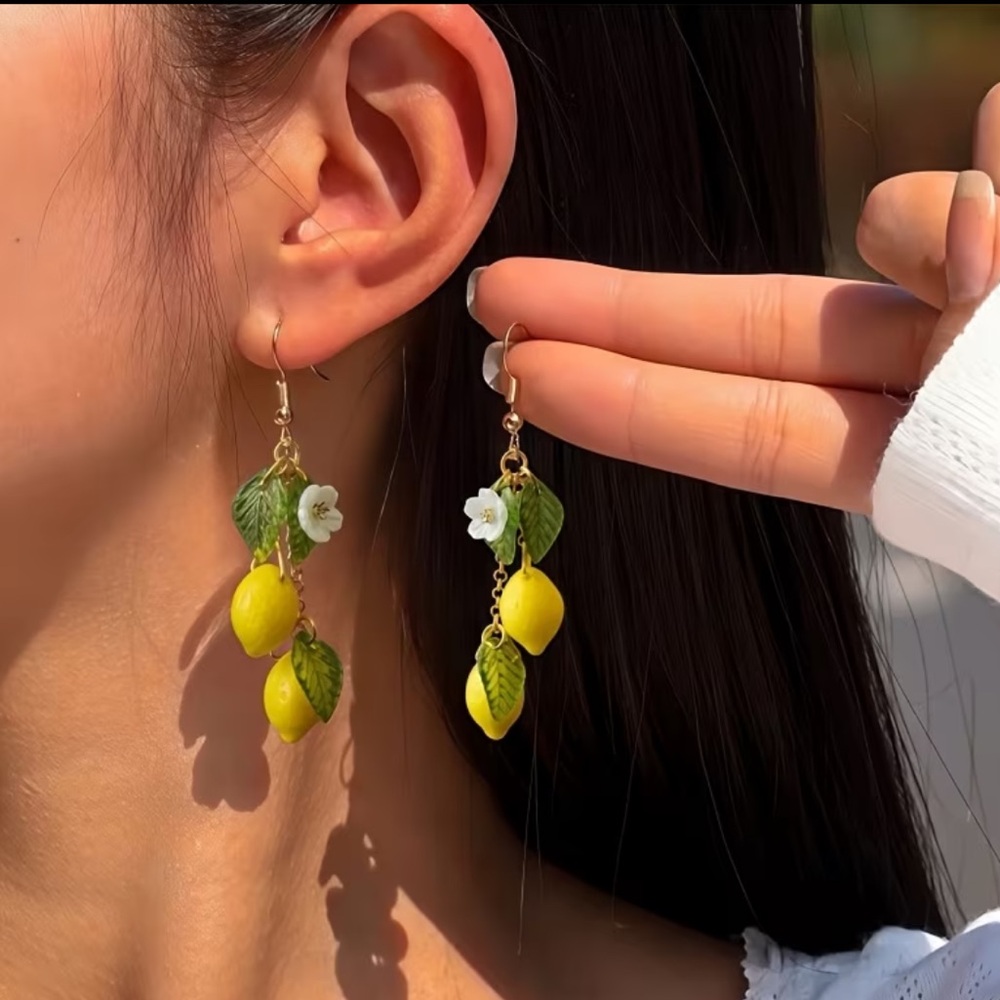 Gold-Tone Yellow Lemon Drop Earrings with Green Leaf Charms - Picture 2 of 3